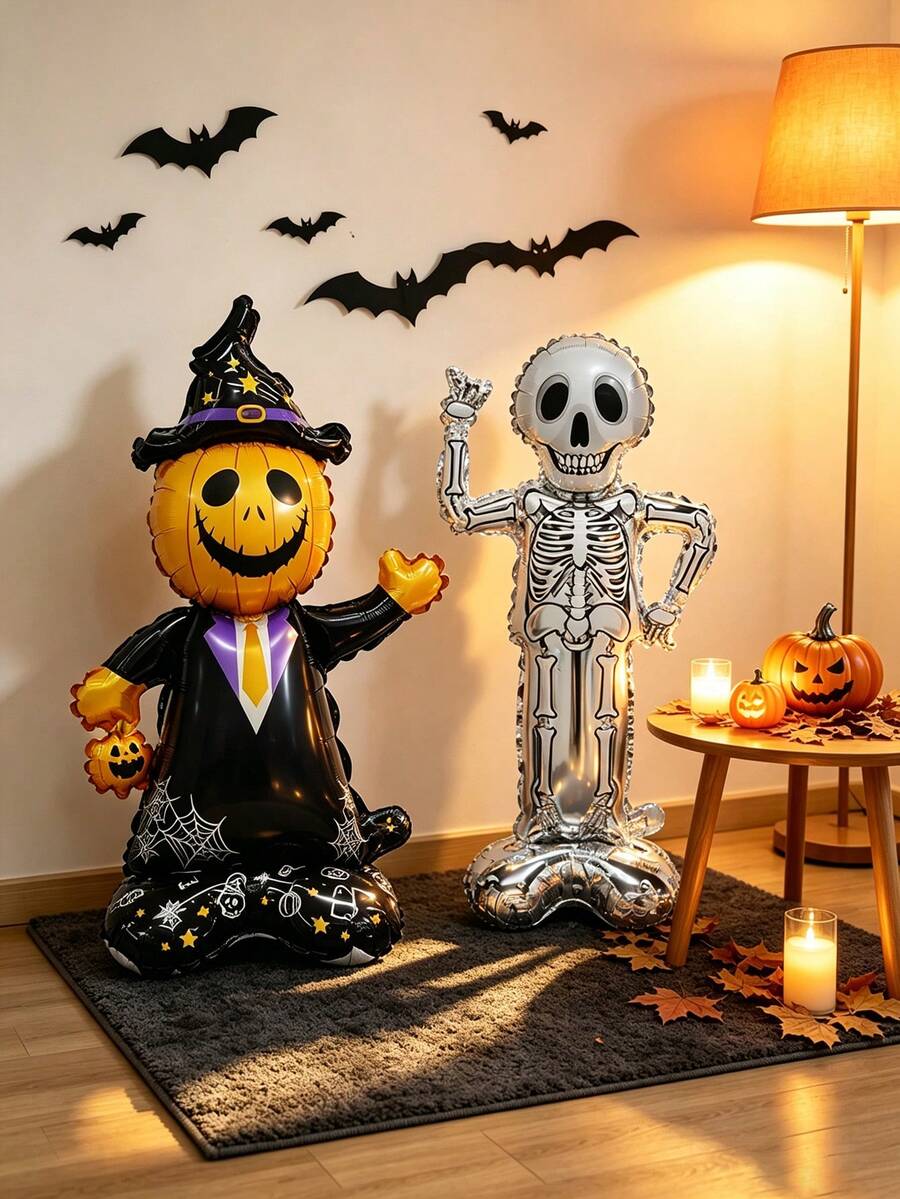 2pcs Standing Pumpkin Wizard Skeleton Foil Balloons With Self-Standing Base, Halloween Balloon Set For Indoor Home Party Decoration, Halloween Photo Backdrop Props, Set Only Includes 2 Balloons Shown In Image, Realistic Holiday Atmosphere Supplies - Halloween Pumpkins + Little Skeletons - View 1