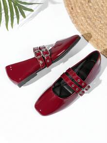 Women's Flat Mary Jane Ballet Shoes With Double Straps And Metal Detail - Burgundy - View 4