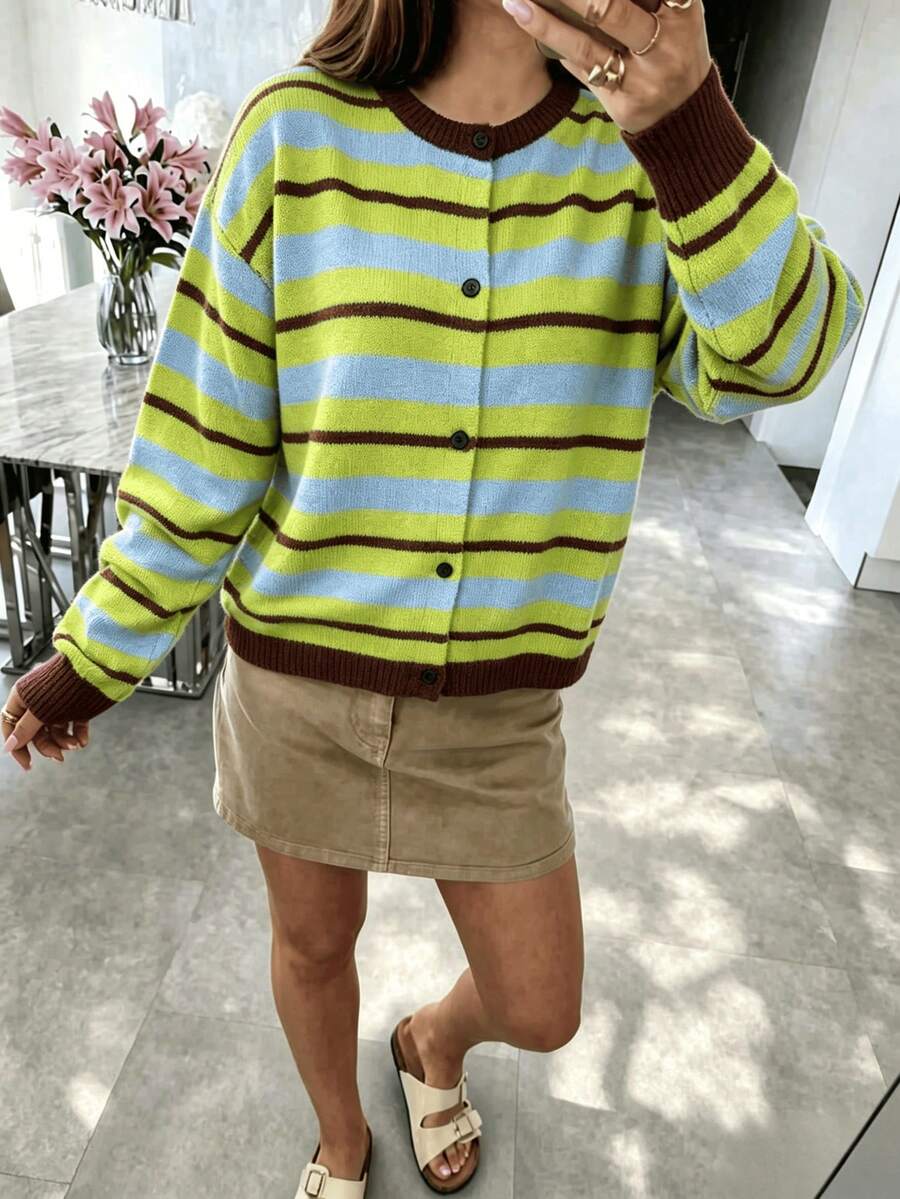 Women's Retro Color Block Striped Knit Cardigan, Fall Winter Round Neck Button Front Oversized Loose Long Sleeve Soft Casual Warm Sweater - Yellow - View 1