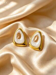 Asymmetrical Hollow Triangle Enamel Stud Earrings, Stainless Steel Textured Geometric Exaggerated Women's Ear Jewelry, Hypoallergenic Fade-Resistant, Fashionable Versatile, Suitable For Various Occasions - Multicolor - View 6