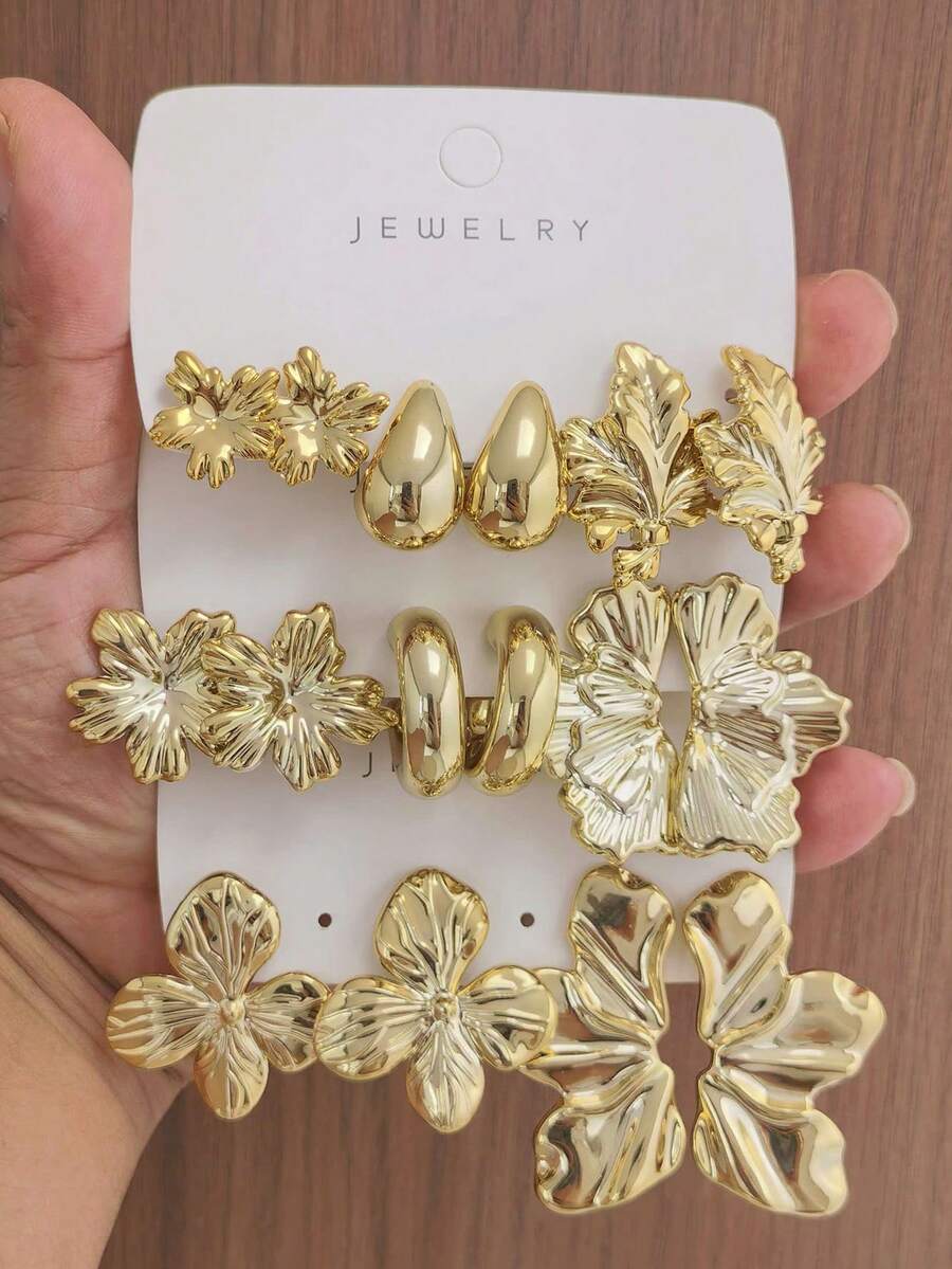 4/16PCS Fashionable Elegant Floral Geometric Multi-Element Gold Metallic Earring Set, Women's Fashion Earring Set (Lightweight CCB Material, Non-Fading) - Gold - View 1