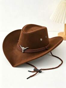 Unisex Western Cowboy Hat, Suede Wide Brim With Bull Head Metal Decor, Adjustable Chin Strap, Multi‑Color For Outdoor Party Daily Wear - Three-rope Corner Silver Cow - View 2