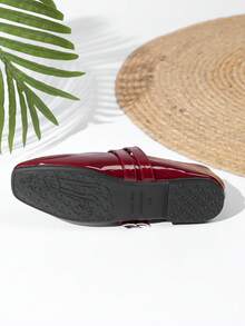 Women's Flat Mary Jane Ballet Shoes With Double Straps And Metal Detail - Burgundy - View 6