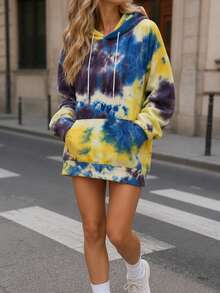 1pc Women's Tie-Dye Hooded Sweatshirt, Outdoor Mountain Style, Kangaroo Pocket, Drawstring Pullover, Versatile Jacket For Cycling, Climbing - Yellow - View 10
