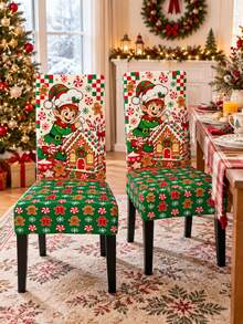 Gingerbread House Baking Elf Christmas Chair Cover, Mint Candy Cane Cookie Checkerboard Print, Sweet Holiday Kitchen Decor, Suitable For Family Feast, Winter Gathering And Christmas Party - Multicolor - View 11