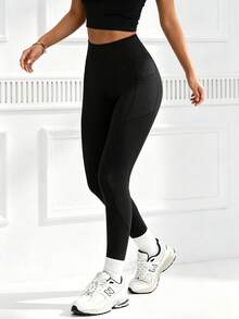Kuswouy Women's Solid Color High Waist Fitted Pocket Sports Knit Leggings - Black - View 4