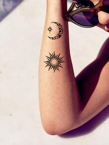 1pc Moon And Star Pattern Tattoo Sticker, Unisex, Waterproof Sun Pattern Temporary Tattoo, Suitable For Hands, Wrists, Body Decoration, Waterproof Disposable Fake Tattoo - Black - View 5