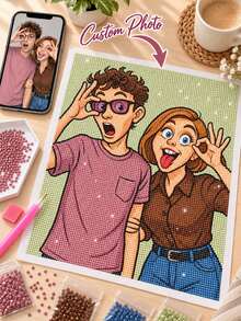 Personalized Photo Diamond Painting, DIY Diamond Art Kit, Turn Your Photo Into Unique Cartoon Style Artwork, Square And Round Acrylic Diamonds, Creative Handmade Gift For Couples, Family, Friends, Birthday And Special Occasions - Multicolor - View 2