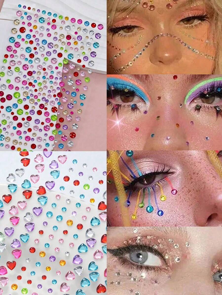 2pcs Y2K Acrylic Shiny Heart Stickers With Self-Adhesive Rhinestones, Suitable For Makeup And Clothing, Multi-Color Diamond Faceted Gems, Perfect For Festivals, Parties And Events - Multicolor - View 1