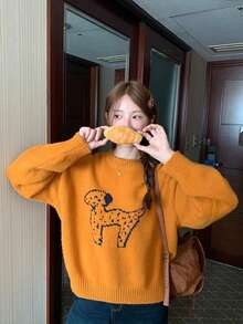 Women's Round Neck Puppy Pattern Long Sleeve Sweater, Winter Outfit - Burnt Orange - View 2