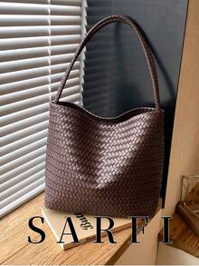 Women's Woven PU Leather Shoulder Tote Bag, Retro Coffee Large Capacity Hobo Bag, Soft Textured Casual Handbag For Work Travel Daily Outing - Coffee - View 1