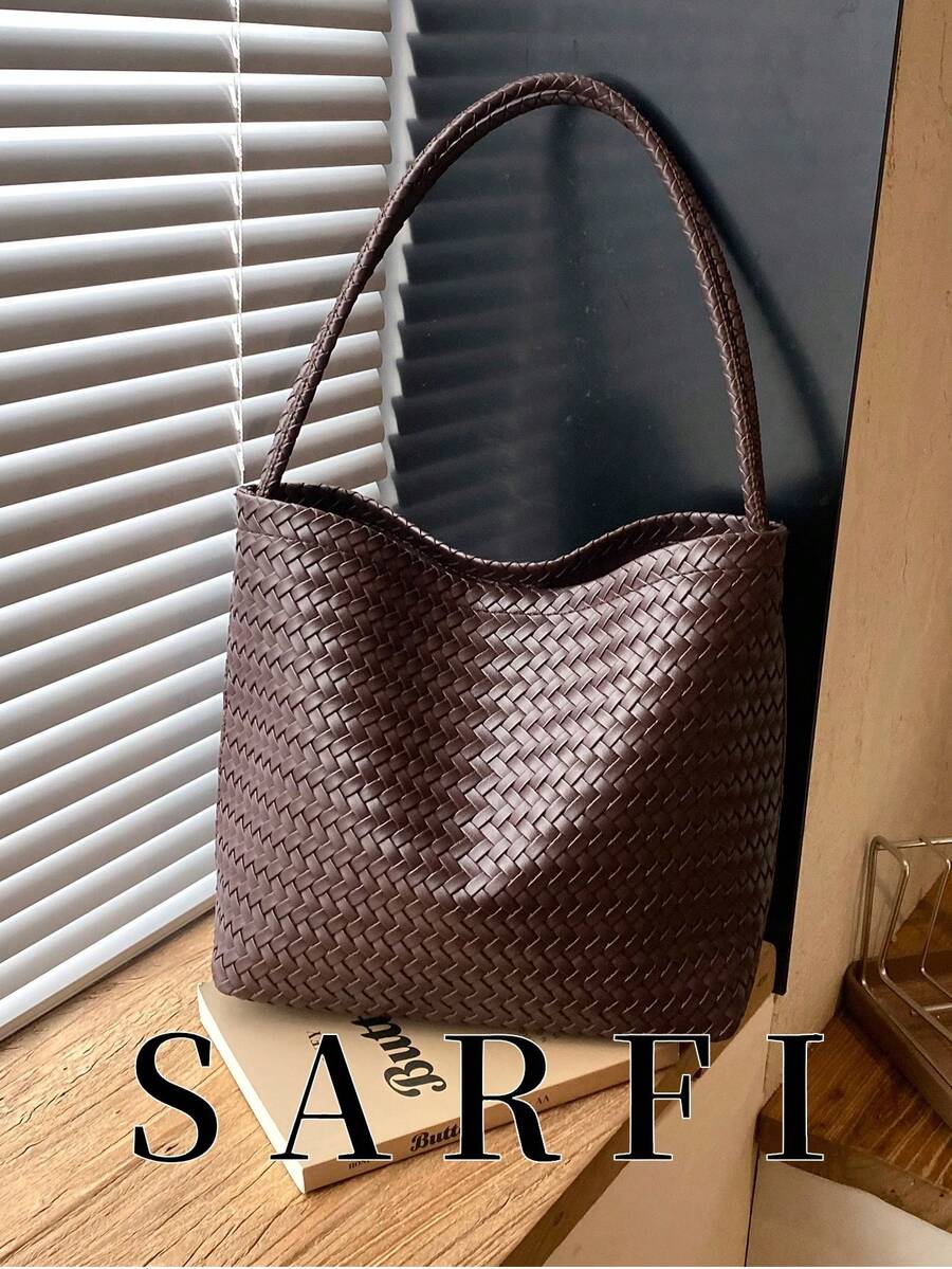 Women's Woven PU Leather Shoulder Tote Bag, Retro Coffee Large Capacity Hobo Bag, Soft Textured Casual Handbag For Work Travel Daily Outing - Coffee - View 1
