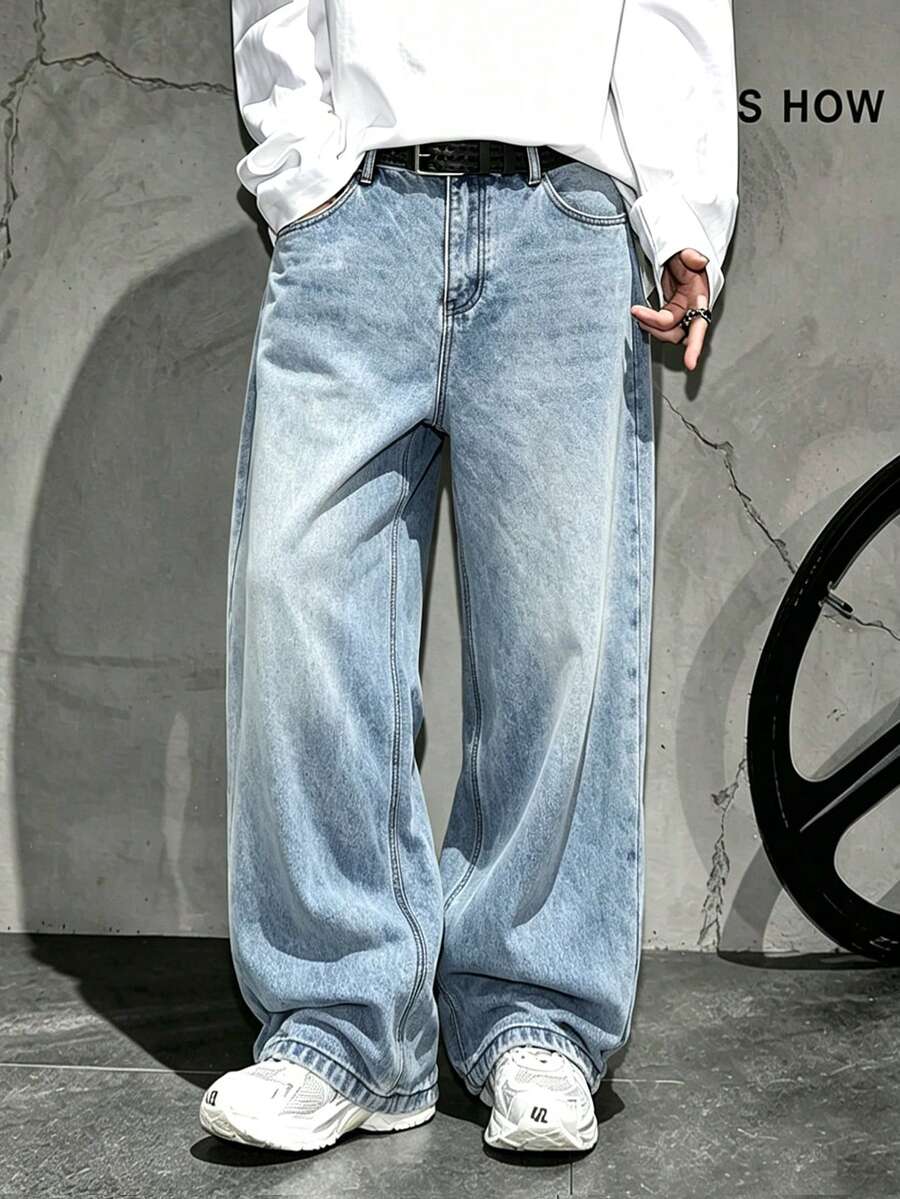 Tween Boy's American Street Style Black Distressed Wide Leg Jeans Loose Drape Cool Rugged Floor-Length Pants - Medium Wash - View 1