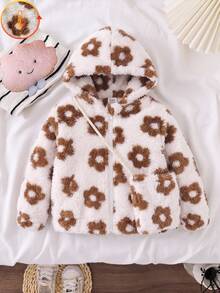 Infant Girls Sweet Cute Floral Print Double-Sided Fleece Long Sleeve Thick Hooded Zipper Jacket With Matching Mini Crossbody Bag, Winter - White - View 4