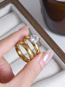2pcs 18K Stainless Steel Ring Set, Rust-Proof Band, Wedding Engagement Gold Ring, Valentine's Day Gift For Girlfriend - Yellow Gold - View 10