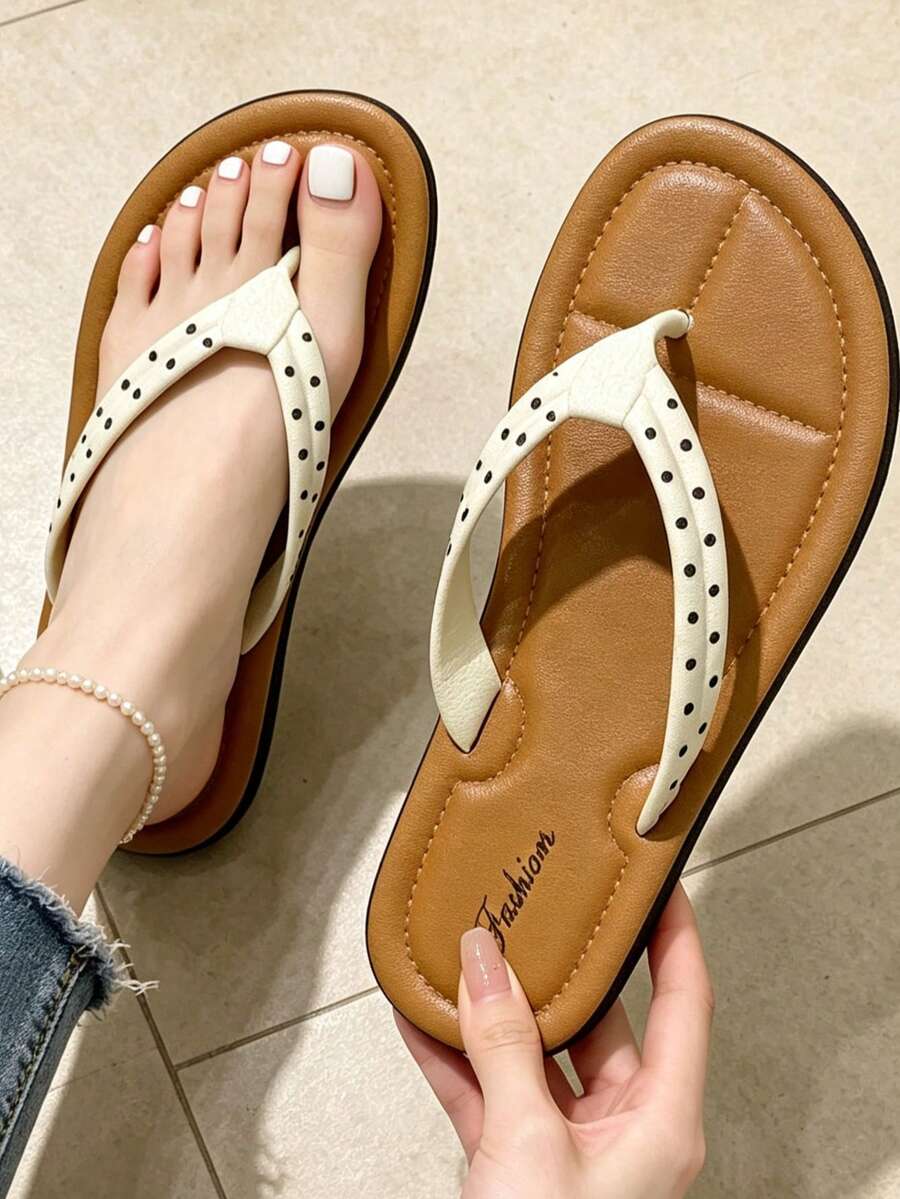 Women's Thong Flat Sandals, Summer Fashion Shiny Vacation Style, Comfortable Brown Square Round Toe Design, Suitable For Outings, Parties, Home, Travel, Beach - Brown - View 1