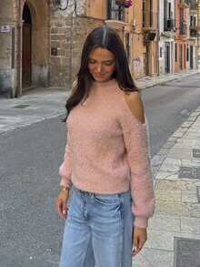 Autumn/Winter Open Shoulder Solid Color Crew Neck Sexy Pullover Sweater - Pink - View 4