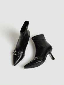 Women's Brown High Heel Ankle Boots, Ankle Boots, Elastic Slim Fit Boots, Chunky Heel Square Heel Boots - Black - View 1