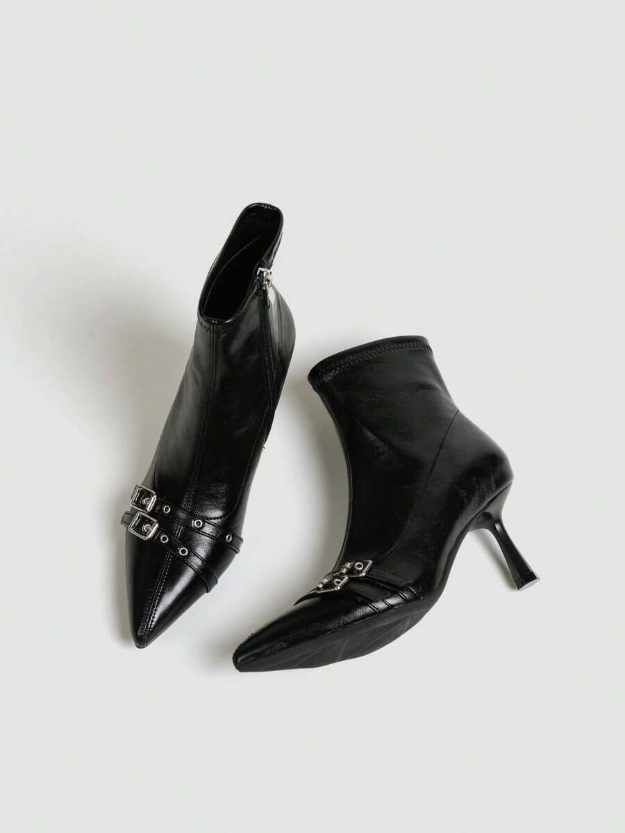 Women's Brown High Heel Ankle Boots, Ankle Boots, Elastic Slim Fit Boots, Chunky Heel Square Heel Boots - Black - View 1