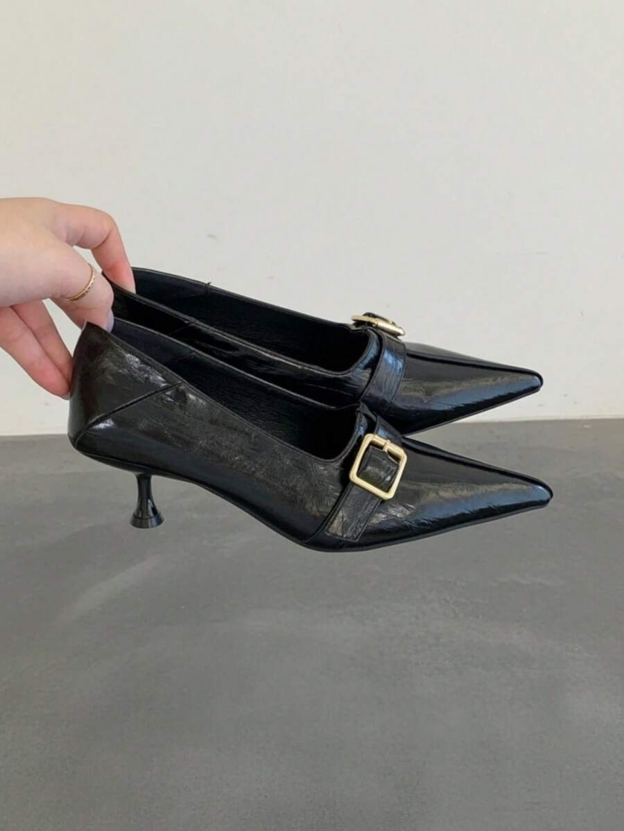 Women's Plus Size Burgundy Pointed Toe Mary Jane Shoes, Metal Square Buckle Strap Kitten Heel Shoes, Ruched Elegant Vintage Slip-On High Heels, Suitable For Daily Commute Autumn/Winter Outfits - Black - View 1