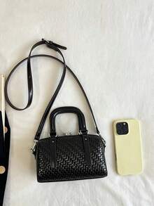 Vintage Woven Pattern Small Boston Handbag, Glossy Chain Crossbody Mini Bag, Commuter Versatile Mini Women's Bag - Black - View 8