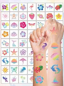10/6/3pcs Temporary Tattoo Stickers, Combining Colorful Glitter Hibiscus And Marine Life, Vibrant And Realistic Colors, Suitable For Men And Women For Vacation, Travel, Gathering, Party, Daily Use, Waterproof And Durable, Random Styles - Multicolor - View 9