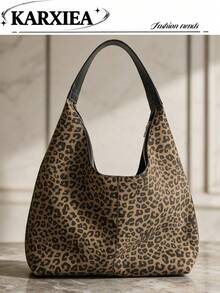 Autumn/Winter Vintage Leopard Print Large Capacity Tote Bag, Soft Surface Commuter Underarm Bag, Women's Casual Versatile Shoulder Large Bag, Practical For Daily Outings And Work - Brown - View 1