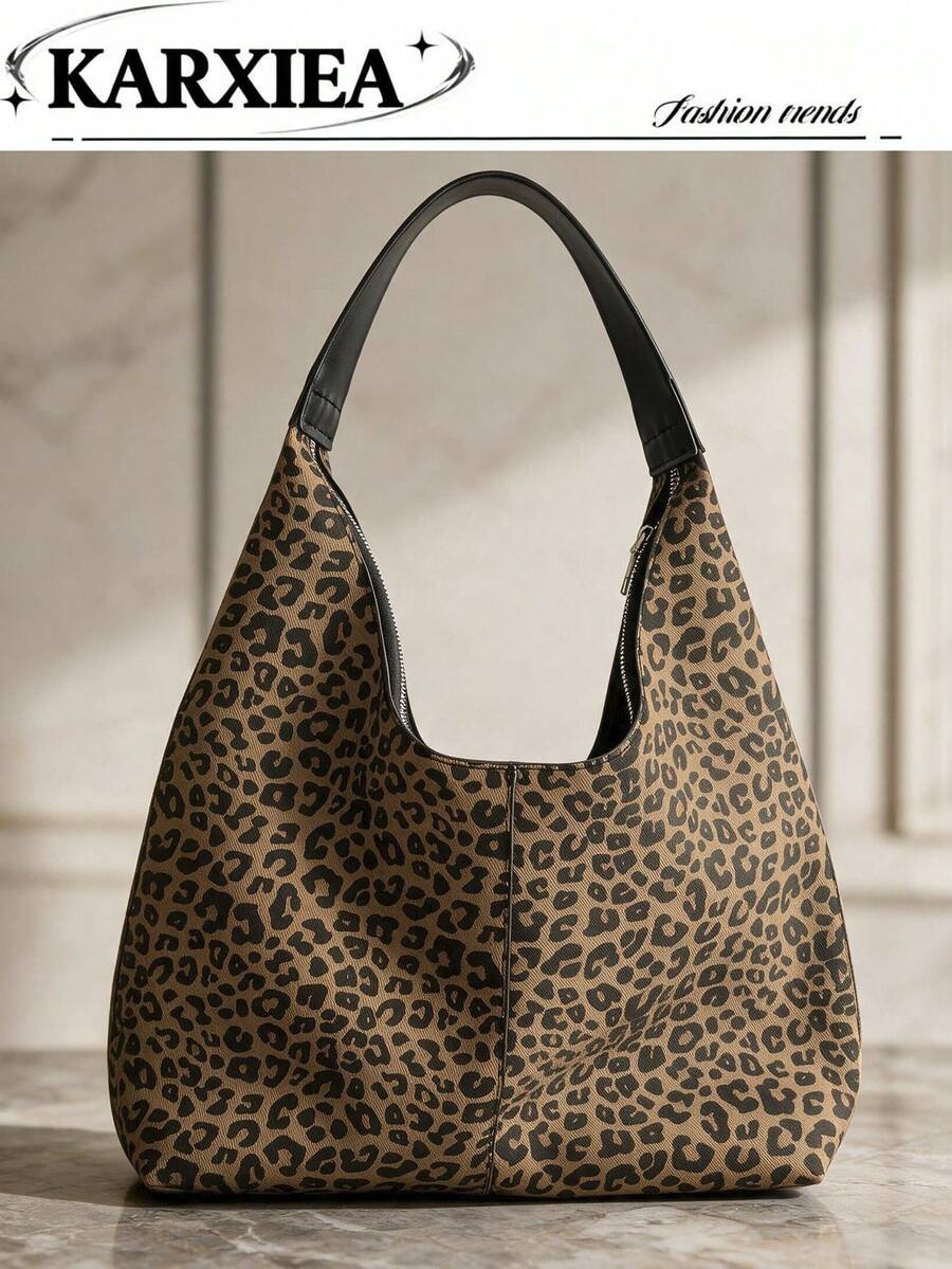Autumn/Winter Vintage Leopard Print Large Capacity Tote Bag, Soft Surface Commuter Underarm Bag, Women's Casual Versatile Shoulder Large Bag, Practical For Daily Outings And Work - Brown - View 1
