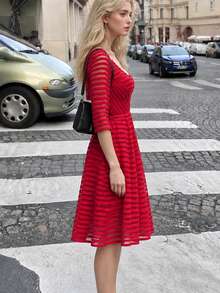 French Elegant 3/4 Sleeve Hollow Out Puff Dress, Fashionable Minimalist Red Dress, Suitable For Women's Party And Gathering - Red - View 4