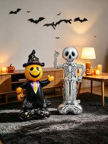 2pcs Standing Pumpkin Wizard Skeleton Foil Balloons With Self-Standing Base, Halloween Balloon Set For Indoor Home Party Decoration, Halloween Photo Backdrop Props, Set Only Includes 2 Balloons Shown In Image, Realistic Holiday Atmosphere Supplies - Halloween Pumpkins + Little Skeletons - View 3