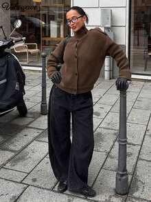 VIBEWAVE Brown High Neck Ribbed Single-Breasted Cropped Knit Cardigan, Old Money Relaxed Style Thick Ribbed Long Sleeve Sweater, Autumn/Winter City Street Style Commute Cafe Outerwear Top - Brown - View 1