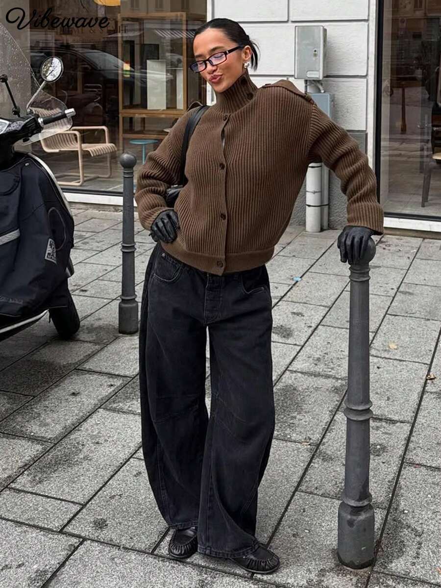 VIBEWAVE Brown High Neck Ribbed Single-Breasted Cropped Knit Cardigan, Old Money Relaxed Style Thick Ribbed Long Sleeve Sweater, Autumn/Winter City Street Style Commute Cafe Outerwear Top - Brown - View 1