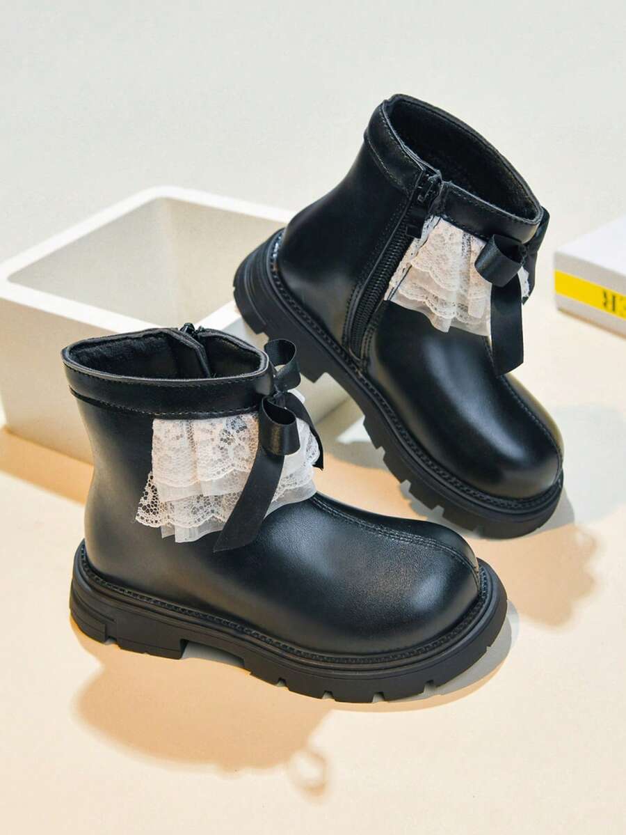 1 Pair Girls' Ankle Boots, Lace Bow Decor Princess Boots, Suitable For Autumn/Winter Fashion Outfits - Black - View 1