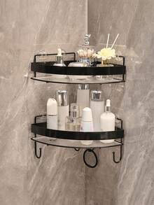 Bathroom Corner Shelf, Double-Layer Wall Corner Storage Rack With Hooks, Bathroom Supplies Storage Rack, Hole-Free Bathroom Toilet Shower Corner Rack, Bathroom Shelf, No-Drill Adhesive Wall Rack - Multicolor - View 8