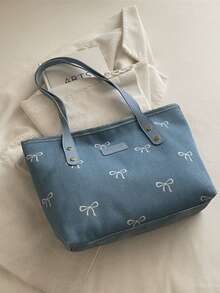 Women's Bowknot Print Denim Tote Shoulder Bag, Contrast Color Faux Leather Strap Large Capacity Handbag, Casual Daily School Shopping Bag - Multicolor - View 6