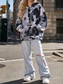 1pc Women's Tie-Dye Sweatshirt Sweatshirt, Outdoor Sports Mountain Style, Hooded Kangaroo Pocket, Elastic Cuffs, Loose Fit Jacket, Versatile For Cycling, Climbing - Grey - View 10