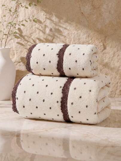 2/1pc Approx. 13.8*29.6in/27.6*55in Fashion Polka Dot Coral Fleece Thickened Towel, Bath Towel, Elegant Vintage Brown Lace Trim, Super Soft Highly Absorbent Quick Dry, Suitable For Home Bathroom Shower, Beach, Spa, Back To School Season