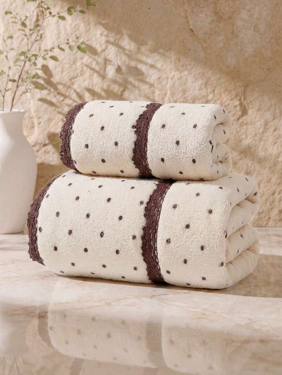 2/1pc Approx. 13.8*29.6in/27.6*55in Fashion Polka Dot Coral Fleece Thickened Towel, Bath Towel, Elegant Vintage Brown Lace Trim, Super Soft Highly Absorbent Quick Dry, Suitable For Home Bathroom Shower, Beach, Spa, Back To School Season - Beige - View 1