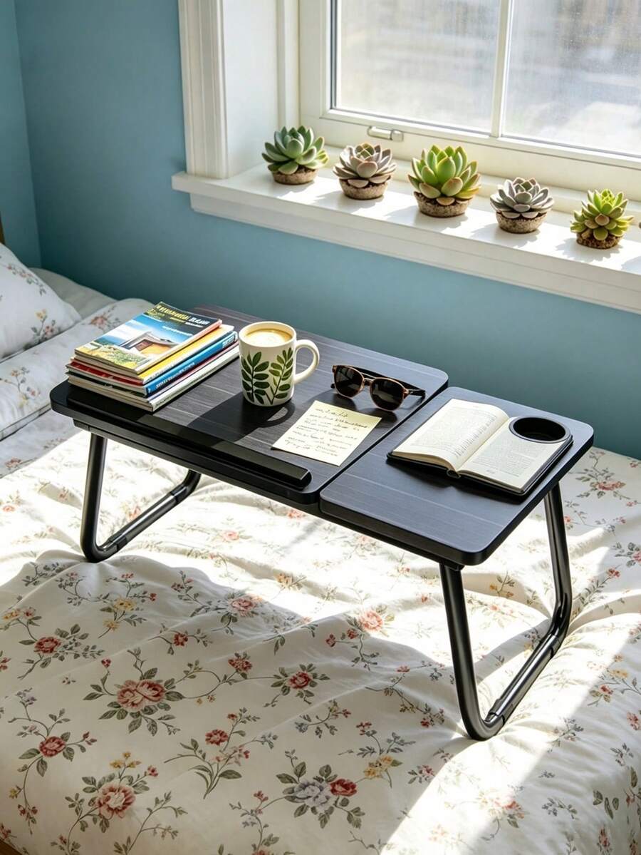 Foldable Bed Tray Desk, Adjustable Angle, Cup Holder & Side Tray, Black White 2 Colors, Bed Study Work Table For Dorm Bedroom - Multicolor - View 1