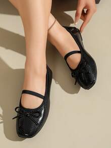 Women's Vintage Ballet Style Bow Snake Print Square Toe Single Strap Flat Shoes - Black - View 3