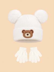 6pcs/2pcs Baby Cute Cartoon Bear Embroidered Knitted Hat & Gloves Set, 3 Solid Colors Double Pom Pom Cuffed Winter Hat & Fingerless Gloves, Fashionable Autumn/Winter Clothing Accessories For Baby, Suitable For Outdoor Activities And Photo Shoots - Multicolor - View 4