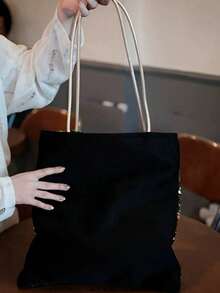 Tas Tote Kanvas Bahu Berpayet Premium Niche Design, Tas Tangan Komuter Kapasitas Besar Terbaru Musim Gugur 2026 untuk Wanita - Hitam - View 8
