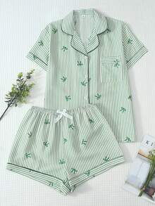 2pcs Set Comfortable Striped Bow Print Pajama Set, Short Sleeve Lapel Top With Pocket And Bow Shorts, Women's Sleepwear Loungewear - Green - View 3