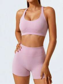 2pcs/Set Women's Sports Fitness Outfit Set, Halter Top And Sports Shorts, Suitable For Running And Training - Pink - View 4