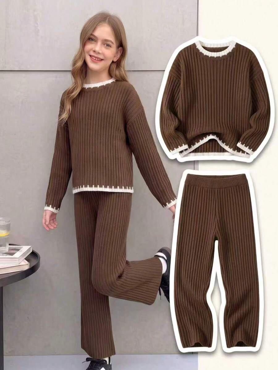 Girls 2 Pieces Ribbed Knit Set, Contrast Trim Long Sleeve Sweater & Wide Leg Pants, Cozy Casual Preppy Outfit For Back To School, Fall & Everyday Wear - Multicolor - View 1