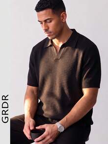 GRDR Men's Solid Color Waffle Knit Polo Shirt With Collar, Short Sleeve, Lightweight Casual Top - Black - View 5