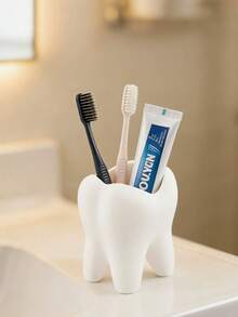 1pc Cute Tooth-Shaped Holder, Desktop Bathroom Storage Rack, Can Store Toothbrush, Toothpaste And Small Bathroom Accessories - White - View 5