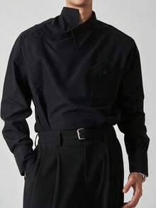Spring/Autumn New Chinese Style Deconstructed Asymmetric Diagonal Button Black Shirt For Men, Matte Draping Stand Collar Single Pocket Loose Drop Shoulder Niche Design Commuter Long Sleeve Shacket - Black - View 1