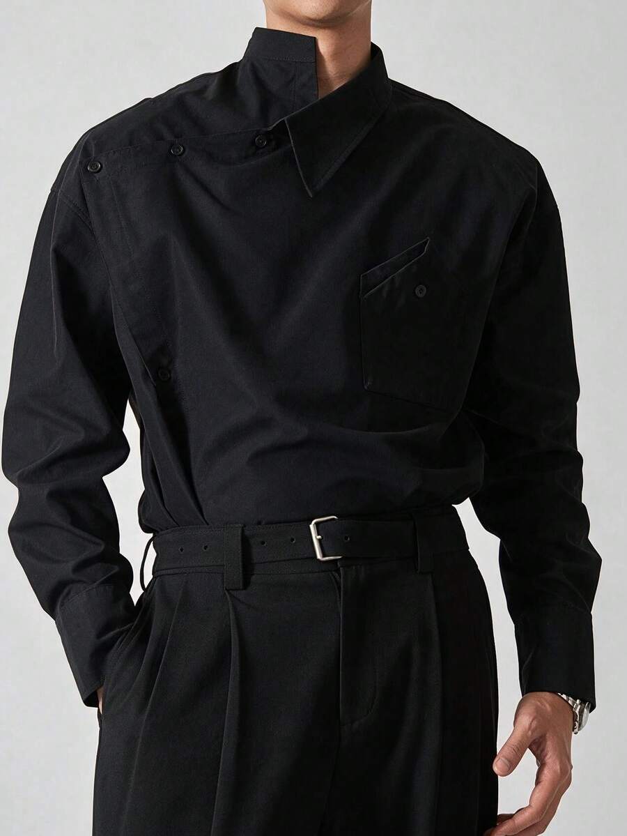 Spring/Autumn New Chinese Style Deconstructed Asymmetric Diagonal Button Black Shirt For Men, Matte Draping Stand Collar Single Pocket Loose Drop Shoulder Niche Design Commuter Long Sleeve Shacket - Black - View 1