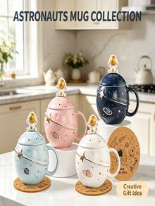 1pc Space Themed Planet Ceramic Mug, Reusable Coffee Cup With 3D Astronaut Shaped Lid, Fun Cosmic Travel Style Drink Vessel, Distinct Holiday And Birthday Gift, Great Tabletop Drinkware For Space Fans For Daily Use At Home And While Working Remotely - Multicolor - View 13